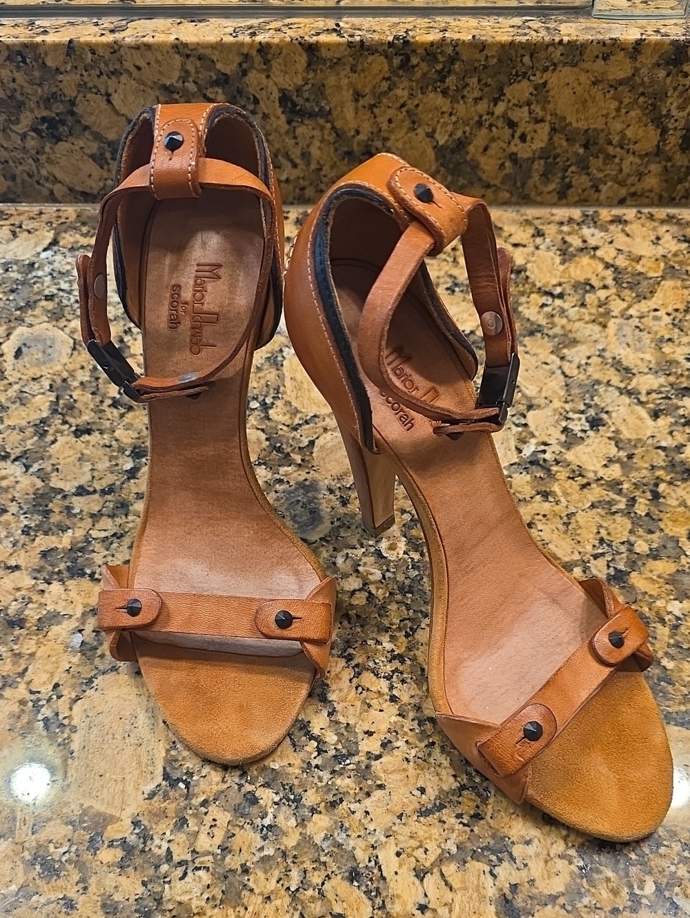 Matisse Tan Leather Ankle-Strap Heels with Rivet Detail